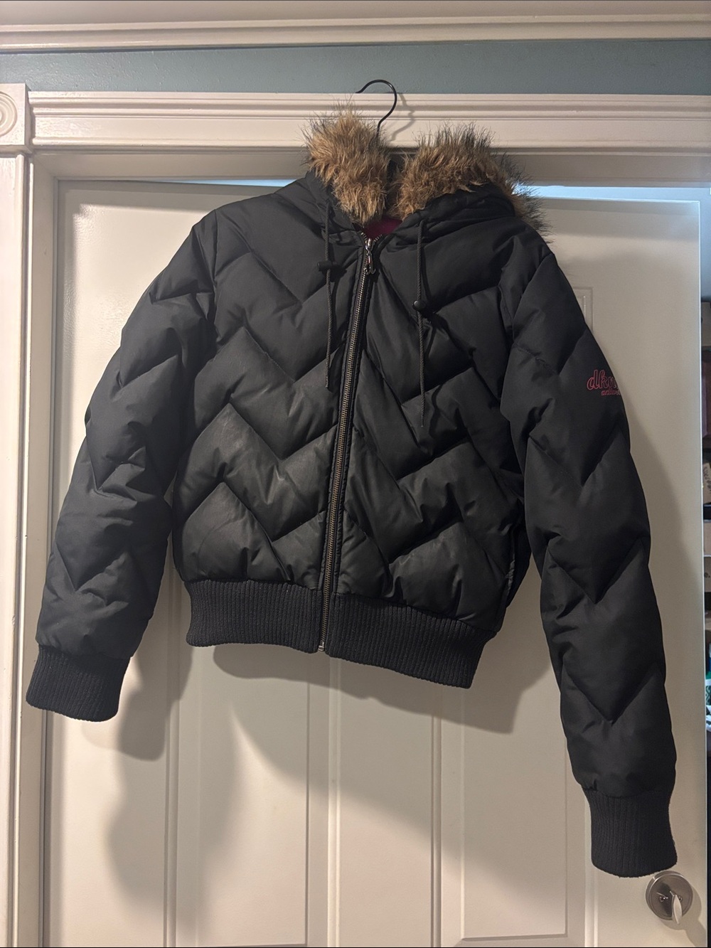 Vintage DKNY Active Women’s Black Quilted Puffer Jacket with Faux Fur Hood